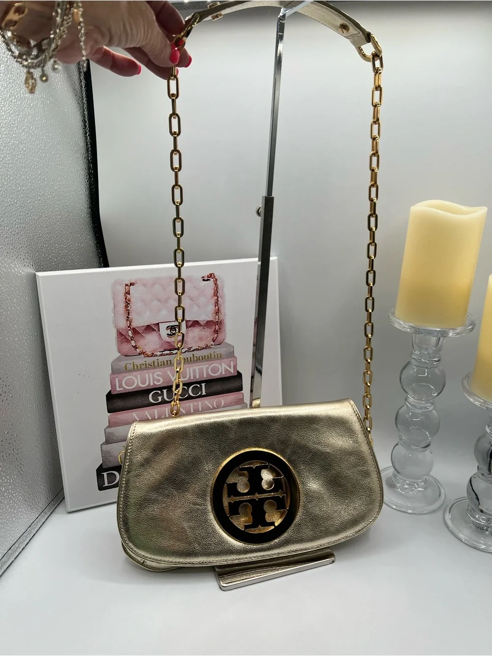 Tory Burch Gold Metallic Leather Clutch & Crossbody Bag